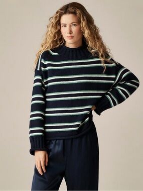J. CREW Women's 2025 Rollneck Sweater Navy Aqua Multi Stripe Size Large LIKE NEW